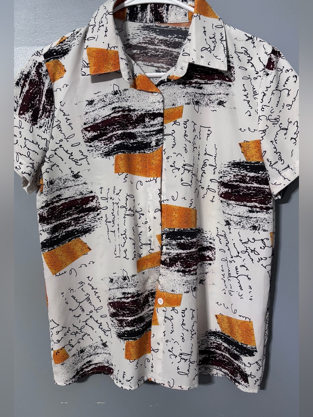 White Short-Sleeve Men's Button-Up Shirt with Black Script & Mustard Blocks